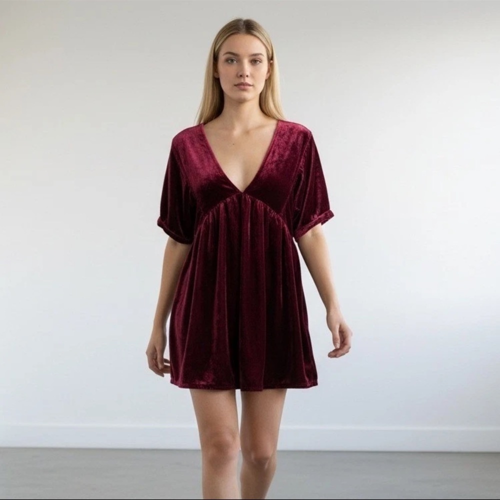 Free People Velvet Babydoll Mini Dress Deep V Neck Tie Back Burgundy Womens XL